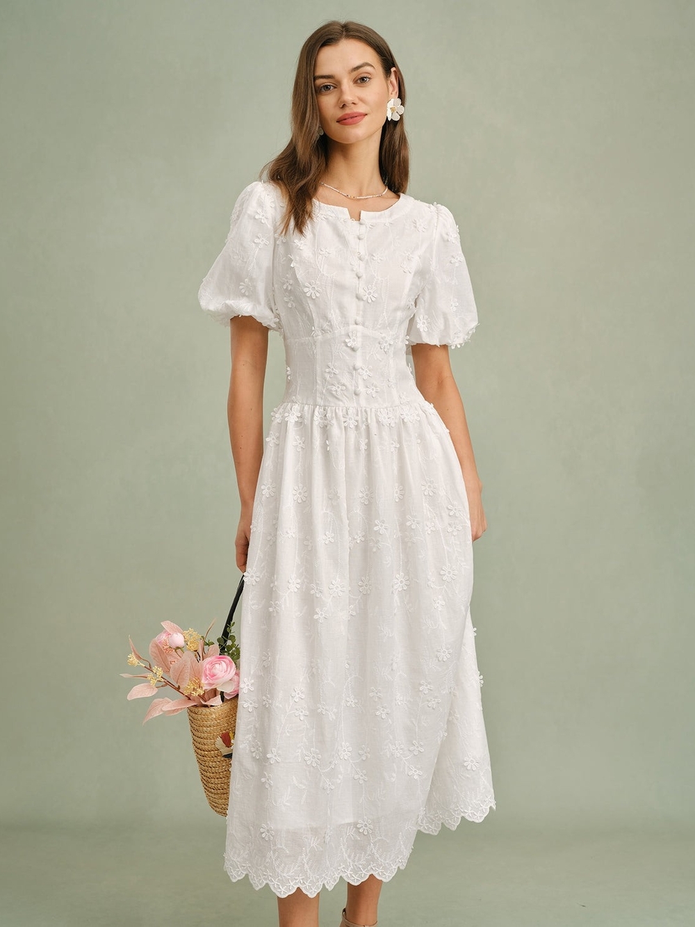 RIHOAS White Eyelet Puff-Sleeve Midi Dress